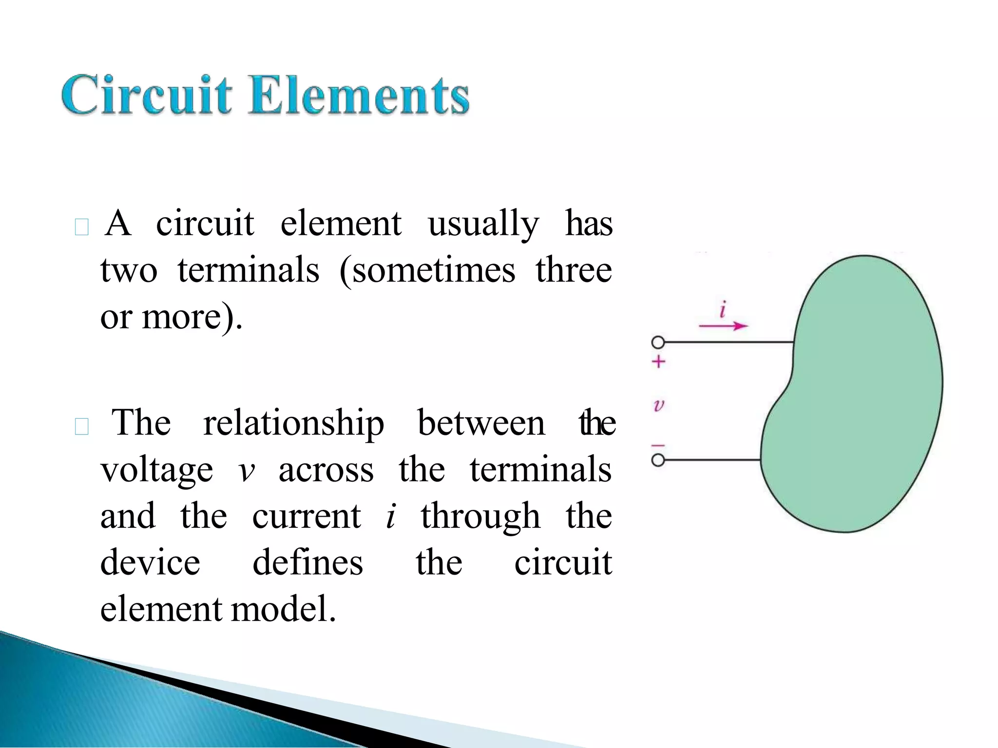 A circuit element usually has
two terminals (sometimes three
or more).
 The relationship between the
voltage v across the terminals
and the current i through the
device defines the circuit
element model.
 