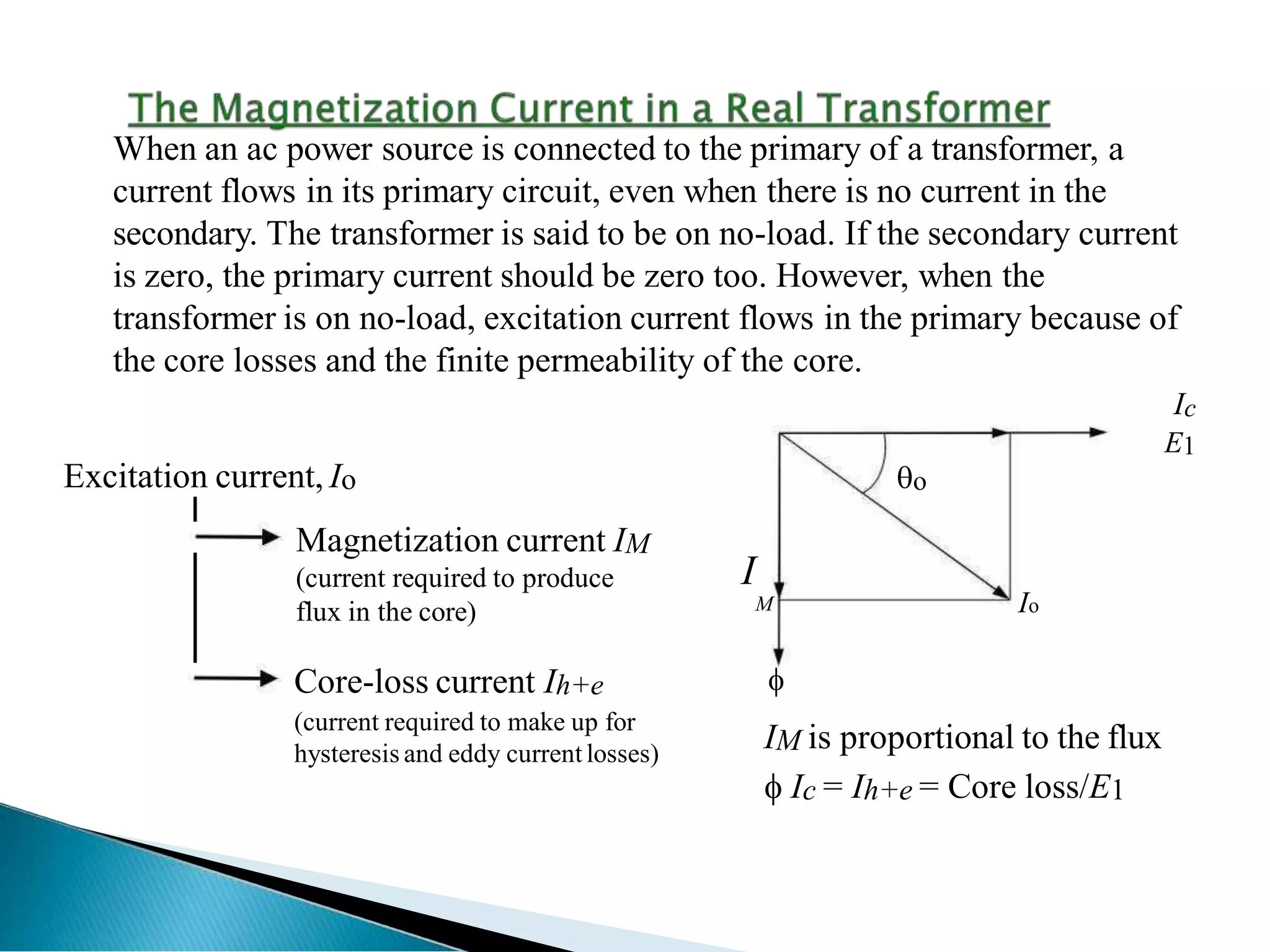 Excitation current, Io
Magnetization current IM
(current required to produce
flux in the core)
Core-loss current Ih+e
(current required to make up for
hysteresis and eddy current losses)
When an ac power source is connected to the primary of a transformer, a
current flows in its primary circuit, even when there is no current in the
secondary. The transformer is said to be on no-load. If the secondary current
is zero, the primary current should be zero too. However, when the
transformer is on no-load, excitation current flows in the primary because of
the core losses and the finite permeability of the core.
Ic
E1
o
I
M Io

IM is proportional to the flux
 Ic = Ih+e = Core loss/E1
 