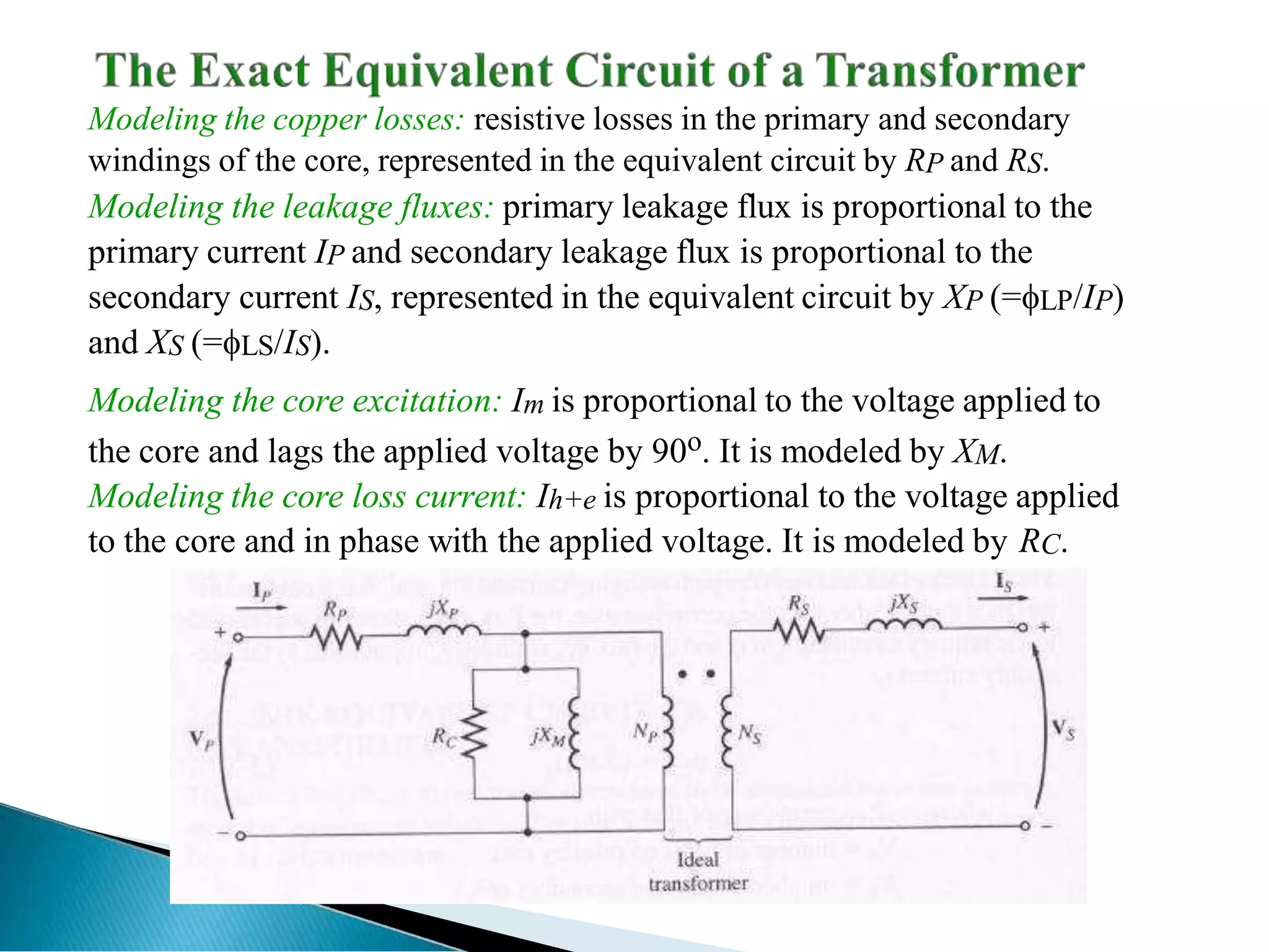 Modeling the copper losses: resistive losses in the primary and secondary
windings of the core, represented in the equivalent circuit by RP and RS.
Modeling the leakage fluxes: primary leakage flux is proportional to the
primary current IP and secondary leakage flux is proportional to the
secondary current IS, represented in the equivalent circuit by XP (=LP/IP)
and XS (=LS/IS).
Modeling the core excitation: Im is proportional to the voltage applied to
the core and lags the applied voltage by 90o. It is modeled by XM.
Modeling the core loss current: Ih+e is proportional to the voltage applied
to the core and in phase with the applied voltage. It is modeled by RC.
 