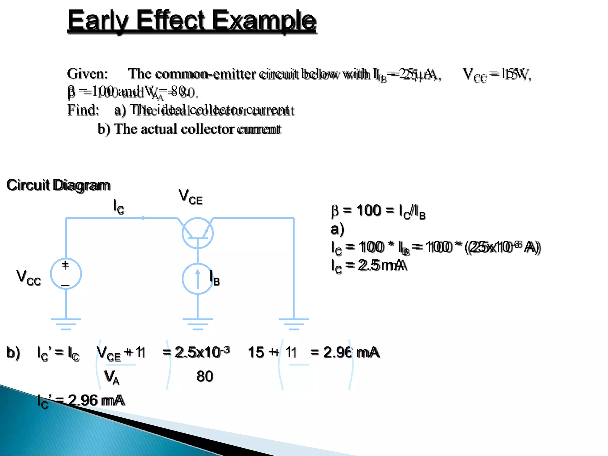 Early Effect Example
VCC =15V,
Given: The common-emitter circuit below with IB = 25A,
 = 100 and VA= 80.
Find: a) The ideal collector current
b) The actual collector current
Circuit Diagram
+
_
VCC
IC
VCE
IB
 = 100 = I /I
C B
a)
IC = 100 * IB = 100 * (25x10-6 A)
IC = 2.5 mA
15 + 1 = 2.96 mA
= 2.5x10-3
80
b) IC’ = IC VCE +1
VA
IC’ = 2.96 mA
 