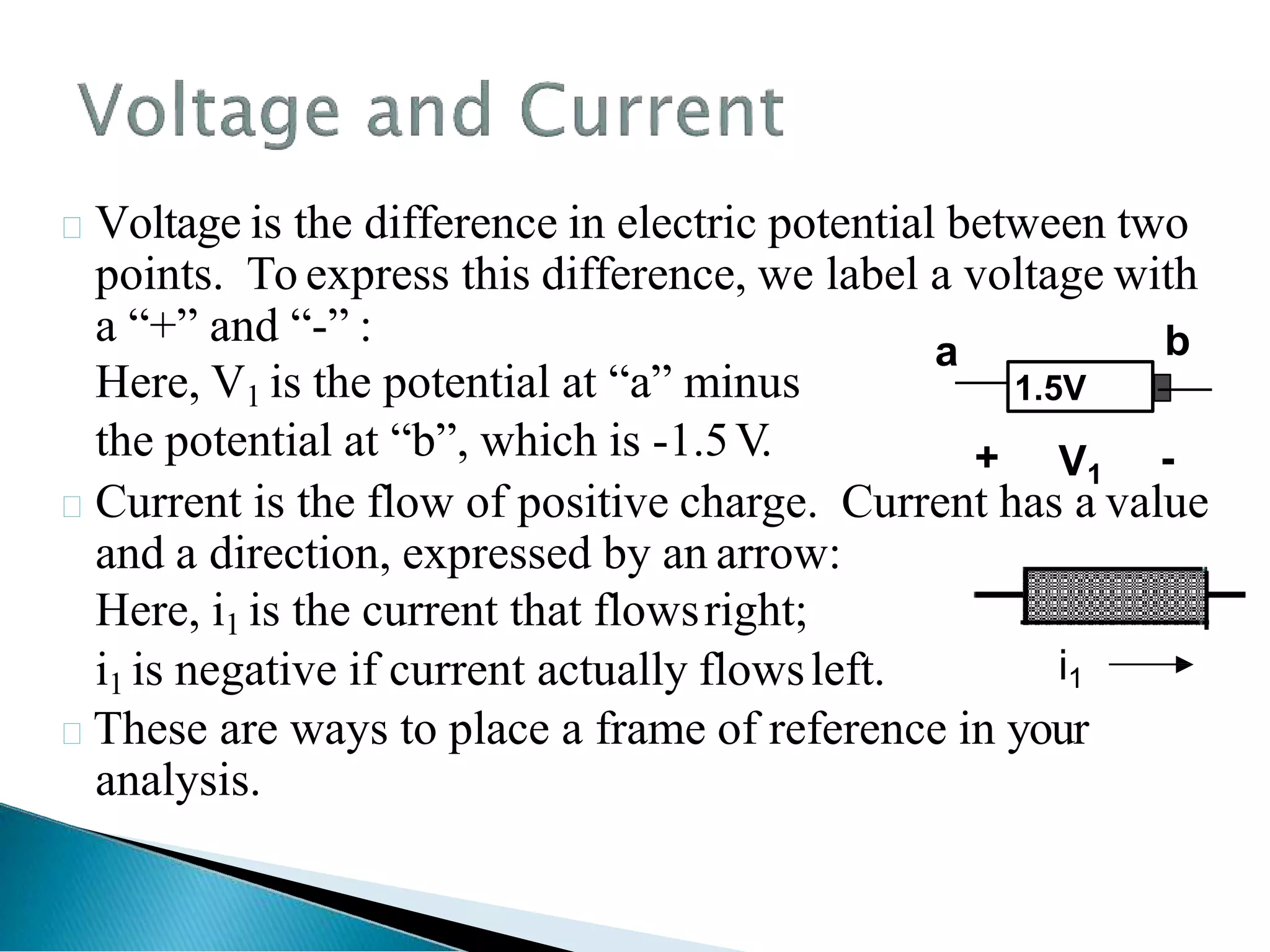 Voltage is the difference in electric potential between two
points. To express this difference, we label a voltage with
a ―+‖ and ―-‖ :
Here, V1 is the potential at ―a‖ minus
the potential at ―b‖, which is -1.5V.
Current is the flow of positive charge. Current has a value
and a direction, expressed by an arrow:
Here, i1 is the current that flowsright;
i1 is negative if current actually flowsleft.
These are ways to place a frame of reference in your
analysis.
1.5V
a b
V1
+ -
i1
 