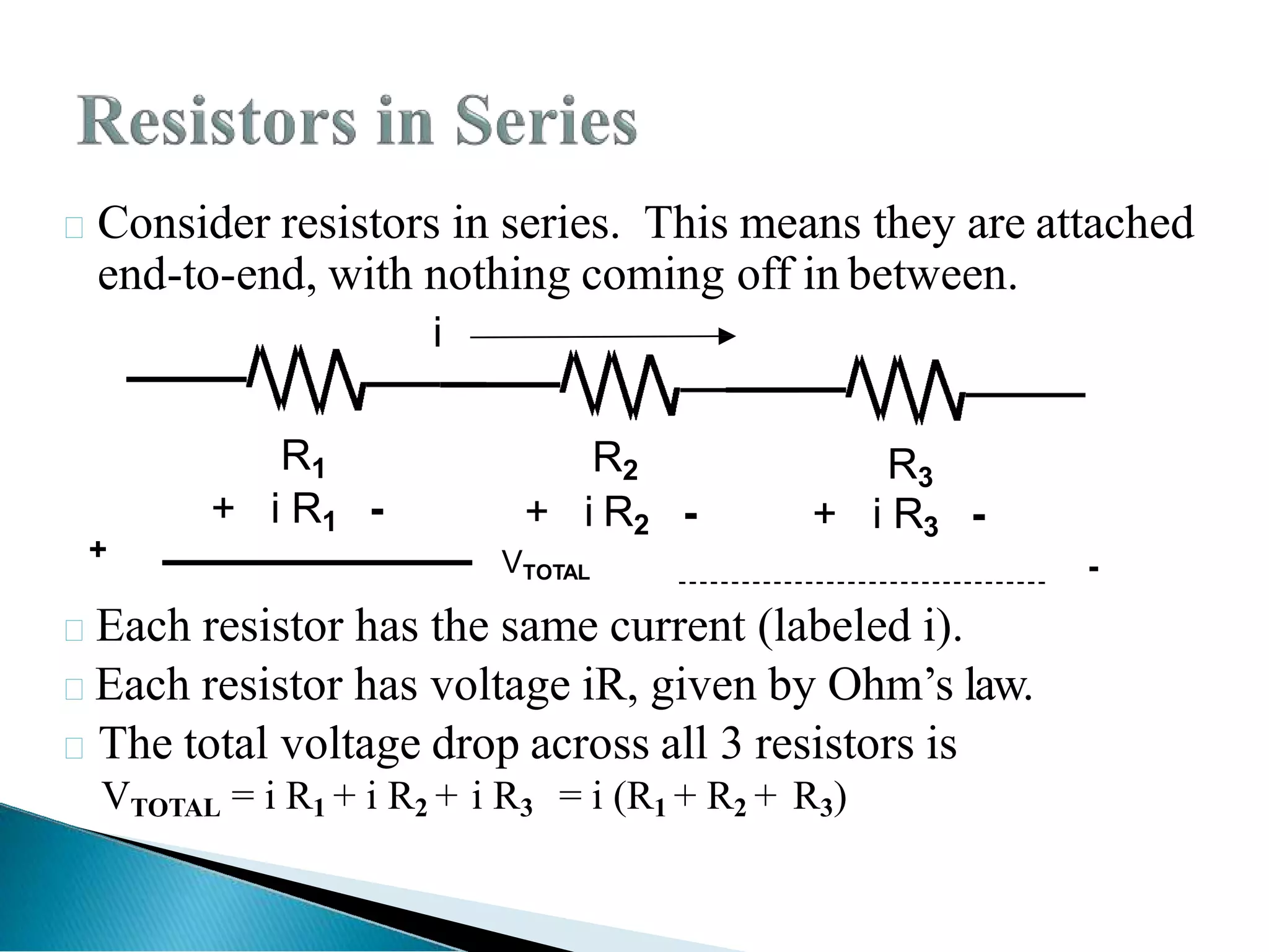 Each resistor has the same current (labeled i).
Each resistor has voltage iR, given by Ohm’s law.
The total voltage drop across all 3 resistors is
VTOTAL = i R1 + i R2 + i R3 = i (R1 + R2 + R3)
Consider resistors in series. This means they are attached
end-to-end, with nothing coming off in between.
i
R1 R2
+ i R2
R3
- + i R3 -
+ i R1 -
+
-
VTOTAL
 