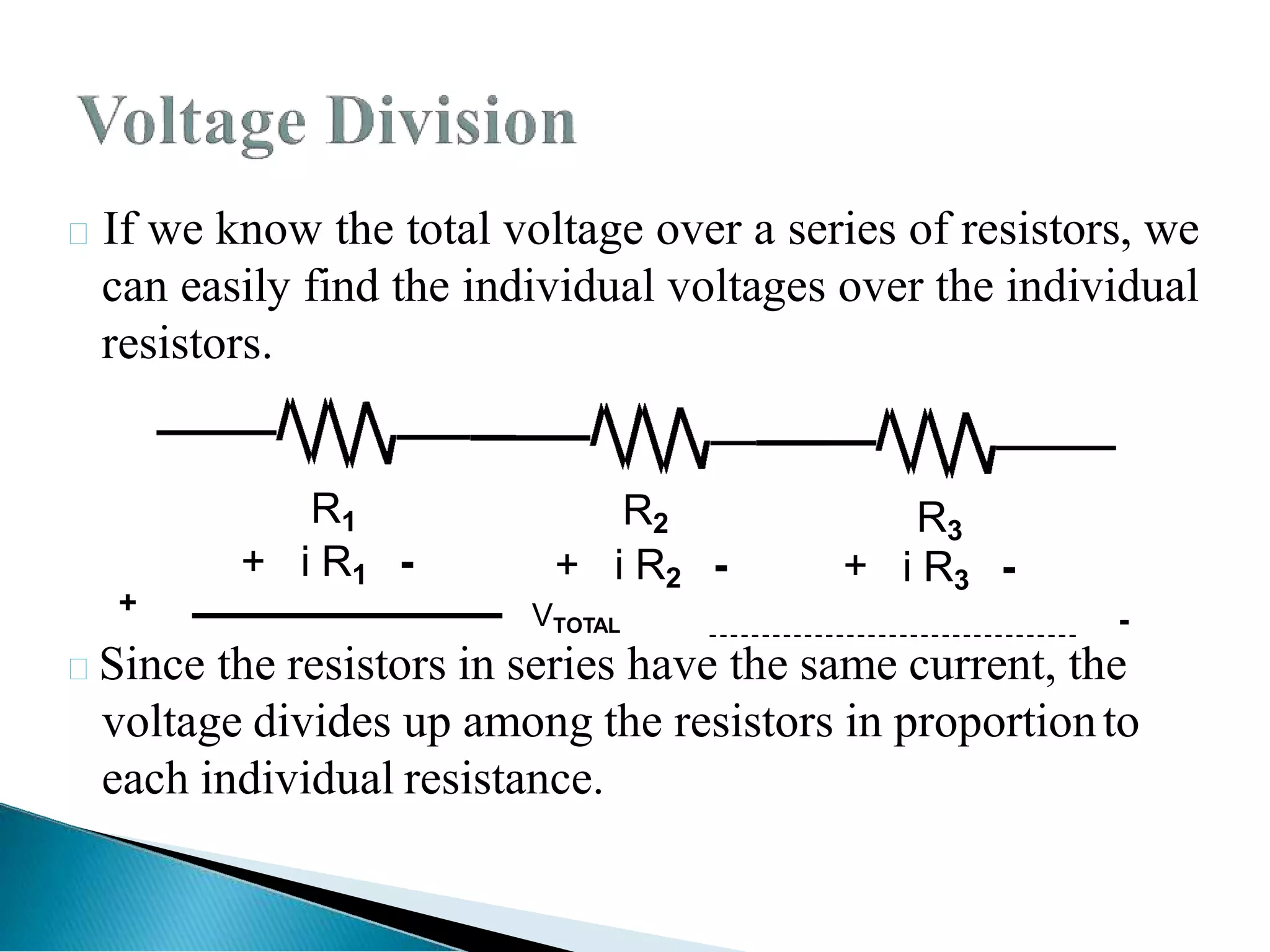 If we know the total voltage over a series of resistors, we
can easily find the individual voltages over the individual
resistors.
Since the resistors in series have the same current, the
voltage divides up among the resistors in proportionto
each individual resistance.
R1 R2
+ i R2 - +
R3
i R3 -
+ i R1 -
+
-
VTOTAL
 