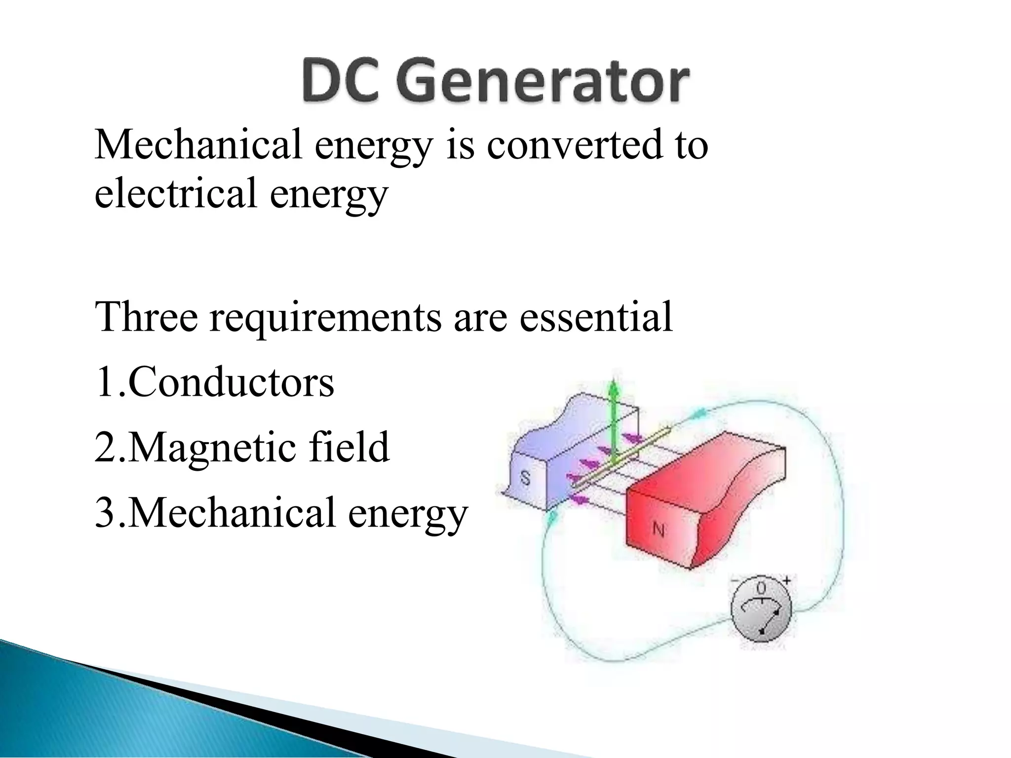 Mechanical energy is converted to
electrical energy
Three requirements are essential
1.Conductors
2.Magnetic field
3.Mechanical energy
 