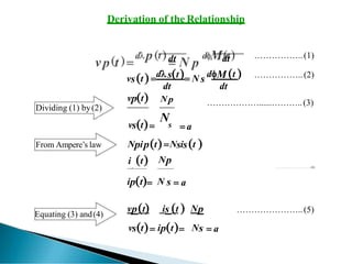 Derivation of the Relationship
Dividing (1) by(2)
From Ampere’s law
Equating (3) and(4)
……………..(1)
dt dt
vst  dst N s dM t  ……………..(2)
vpt
dt
Np
dt
………………......………..(3)
 a
vst
Ns
NpiptNsist 
i t Np
s …………………..………..(4)
…………………..(5)
ipt N s  a
vpt is t  Np
vst ipt Ns  a
 