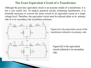 Although the previous equivalent circuit is an accurate model of a transformer, it is
not a very useful one. To analyze practical circuits containing transformers, it is
normally necessary to convert the entire circuit to an equivalent circuit at a single
voltage level. Therefore, the equivalent circuit must be referred either to its primary
side or to its secondary side in problem solutions.
Figure (b) is the equivalent
circuit referred to its secondary
side.
Figure (a) is the equivalent circuit of the
transformer referred to its primary side.
 