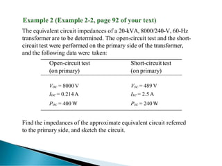 The equivalent circuit impedances of a 20-kVA, 8000/240-V, 60-Hz
transformer are to be determined. The open-circuit test and the short-
circuit test were performed on the primary side of the transformer,
and the following data were taken:
Open-circuit test Short-circuittest
(on primary) (on primary)
Voc = 8000 V Vsc = 489 V
Ioc = 0.214A Isc = 2.5 A
Poc = 400 W Psc = 240 W
Find the impedances of the approximate equivalent circuit referred
to the primary side, and sketch the circuit.
 