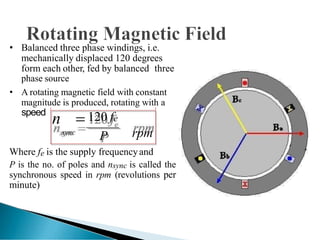• Balanced three phase windings, i.e.
mechanically displaced 120 degrees
form each other, fed by balanced three
phase source
• A rotating magnetic field with constant
magnitude is produced, rotating with a
speed
n 
sync
120 fe
P rpm
Where fe is the supply frequencyand
P is the no. of poles and nsync is called the
synchronous speed in rpm (revolutions per
minute)
 