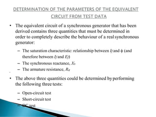 •
• The equivalent circuit of a synchronous generator that has been
derived contains three quantities that must be determined in
order to completely describe the behaviour of a realsynchronous
generator:
– The saturation characteristic: relationship between If and  (and
therefore between If and Ef)
– The synchronous reactance, Xs
– The armature resistance, Ra
• The above three quantities could be determined byperforming
the following three tests:
– Open-circuit test
– Short-circuit test
– DC test
 