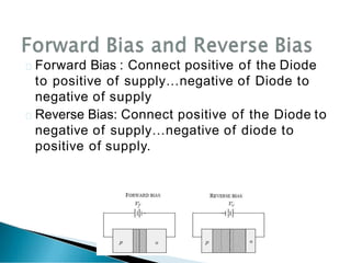 Forward Bias : Connect positive of the Diode
to positive of supply…negative of Diode to
negative of supply
Reverse Bias: Connect positive of the Diode to
negative of supply…negative of diode to
positive of supply.
 