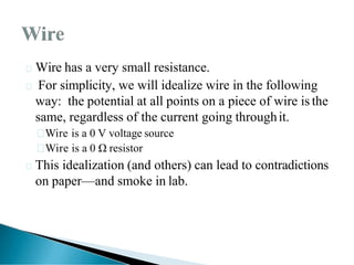 Wire has a very small resistance.
 For simplicity, we will idealize wire in the following
way: the potential at all points on a piece of wire is the
same, regardless of the current going throughit.

Wire is a 0 V voltage source

Wire is a 0 Ω resistor
This idealization (and others) can lead to contradictions
on paper—and smoke in lab.
 
