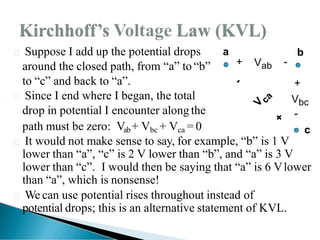  Suppose I add up the potential drops
around the closed path, from ―a‖ to ―b‖
to ―c‖ and back to ―a‖.
 Since I end where I began, the total
drop in potential I encounter alongthe
path must be zero: Vab+ Vbc + Vca = 0
 It would not make sense to say, for example, ―b‖ is 1 V
lower than ―a‖, ―c‖ is 2 V lower than ―b‖, and ―a‖ is 3 V
lower than ―c‖. I would then be saying that ―a‖ is 6 Vlower
than ―a‖, which is nonsense!
 We can use potential rises throughout instead of
potential drops; this is an alternative statement of KVL.
a b
+ Vab -
+
Vbc
-
c
 
