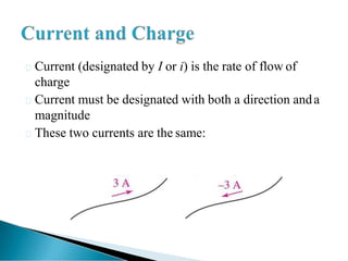 Current (designated by I or i) is the rate of flow of
charge
Current must be designated with both a direction anda
magnitude
These two currents are the same:
 