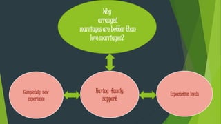 Why
arranged
marriages are better than
love marriages?
Completely new
experience
Having family
support
Expectation levels
 