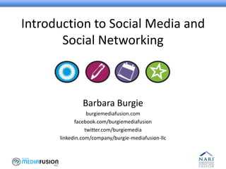 Introduction to Social Media and Social Networking Barbara Burgie burgiemediafusion.com facebook.com/burgiemediafusion twitter.com/burgiemedia linkedin.com/company/burgie-mediafusion-llc 