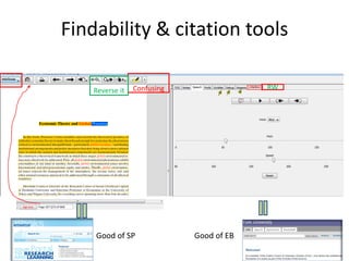 Findability & citation tools

    Reverse it   Confusing                RW




    Good of SP               Good of EB
 