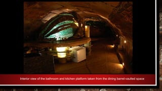 Interior view of the bathroom and kitchen platform taken from the dining barrel-vaulted space
 