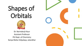 Shapes of
Orbitals
Dr. Narinderjit Kaur
Assistant Professor
PG Dept. of Chemistry
Kanya Maha Vidyalaya, Jalandhar
 