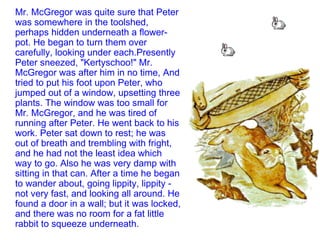 Mr. McGregor was quite sure that Peter was somewhere in the toolshed, perhaps hidden underneath a flower-pot. He began to turn them over carefully, looking under each.Presently Peter sneezed, "Kertyschoo!" Mr. McGregor was after him in no time, And tried to put his foot upon Peter, who jumped out of a window, upsetting three plants. The window was too small for Mr. McGregor, and he was tired of running after Peter. He went back to his work. Peter sat down to rest; he was out of breath and trembling with fright, and he had not the least idea which way to go. Also he was very damp with sitting in that can. After a time he began to wander about, going lippity, lippity - not very fast, and looking all around. He found a door in a wall; but it was locked, and there was no room for a fat little rabbit to squeeze underneath. 