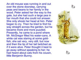 An old mouse was running in and out over the stone doorstep, carrying peas and beans to her family in the wood. Peter asked her the way to the gate, but she had such a large pea in her mouth that she could not answer. She only shook her head at him. Peter began to cry. Then he tried to find his way straight across the garden, but he became more and more puzzled. Presently, he came to a pond where Mr. McGregor filled his water-cans. A white cat was staring at some gold-fish; she sat very, very still, but now and then the tip of her tail twitched as if it were alive. Peter thought it best to go away without speaking to her; he had heard about cats from his cousin, little Benjamin Bunny.  