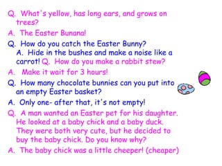Q.  What's yellow, has long ears, and grows on trees? A.  The Easter Bunana!   Q.  How do you catch the Easter Bunny? A.  Hide in the bushes and make a noise like a carrot!   Q.  How do you make a rabbit stew? A.   Make it wait for 3 hours! Q.  How many chocolate bunnies can you put into an empty Easter basket? A.  Only one- after that, it's not empty! Q.  A man wanted an Easter pet for his daughter. He looked at a baby chick and a baby duck. They were both very cute, but he decided to buy the baby chick. Do you know why? A.  The baby chick was a little cheeper! (cheaper)   