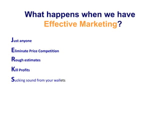 What happens when we have Effective Marketing?Just anyoneEliminate Price CompetitionRough estimatesKill ProfitsSucking sound from your wallets