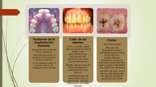Trastornos de la 
implantación 
dentaria: 
-Depende del desarrollo 
de los maxilares 
-Niños es frecuente, la 
existencia de espacios 
entre los dientes 
-En los adultos suele ser 
consecuencia de 
antiguas extracciones 
Color de los 
dientes: 
-Tono amarillo, marfil 
viejo se produce por la 
edad, mas 
precozmente en 
fumadores yen 
personas con aseo 
bucal deficiente 
-Beben aguas ricas en 
flúor se observan 
coloraciones azul 
oscuro 
-Administración de 
tetraciclinas en la 
gestación da una 
coloración amarrilla 
terrosa 
Caries: 
-Mas frecuentes 
-Proceso de 
descalcificación y 
proteólisis que inicia el 
ácido láctico, 
producido por 
bacterias, al actuar 
sobre los carbohidratos 
que quedan adheridos 
ala superficie dentaria 
-La falta de flúor en la 
época del desarrollo 
de dientes facilita la 
aparición de caries 
 
