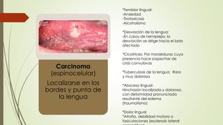 Carcinoma 
(espinocelular) 
Localizarse en los 
bordes y punta de 
la lengua 
*Temblor lingual: 
-Ansiedad 
-Tirotoxicosis 
-Alcoholismo 
*Desviación de la lengua: 
-En casos de hemiplejia, la 
desviación se dirige hacia el lado 
afectado 
*Cicatrices: Por mordeduras cuya 
presencia hace sospechar de 
crisis convulsivas 
*Tuberculosis de la lengua: Rara 
y muy dolorosa 
*Absceso lingual: 
Hinchazón localizada y dolorosa, 
con deformidad pronunciada 
resultante del edema 
(traumatismo) 
*Dolor lingual 
*Atrofia, debilidad motora o 
fasiculaciones (esclerosis lateral 
amiotrófica) 
 
