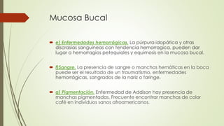Mucosa Bucal 
 e) Enfermedades hemorrágicas. La púrpura idopática y otras 
discrasias sanguíneas con tendencia hemorragica, pueden dar 
lugar a hemorragias petequiales y equimosis en la mucosa bucal. 
 f)Sangre. La presencia de sangre o manchas hemáticas en la boca 
puede ser el resultado de un traumatismo, enfermedades 
hemorrágicas, sangrados de la nariz o faringe. 
 g) Pigmentación. Enfermedad de Addison hay presencia de 
manchas pigmentadas. Frecuente encontrar manchas de color 
café en individuos sanos afroamericanos. 
 