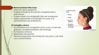 J) Mononucleosis infecciosa 
• Infección de la garganta 
• El tejido linfoide se encuentra congestionado y 
edematoso 
• Puede haber una amigdalitis folicular moderada 
• Debe sospecharse si la faringitis no cede a la 
administración de antibióticos 
K) Faringitis crónica 
• Se manifiesta por congestión de la úvula, el velo del 
paladar y la pared posterior de la faringe 
• Fumadores crónicos 
• Bebedores de alcohol 
• Personas expuestas a la inhalación de polvo o de aires 
muy contaminados 
 