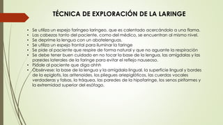 TÉCNICA DE EXPLORACIÓN DE LA LARINGE 
• Se utiliza un espejo faríngeo laríngeo, que es calentado acercándolo a una flama. 
• Las cabezas tanto del paciente, como del médico, se encuentran al mismo nivel. 
• Se deprime la lengua con un abatelenguas. 
• Se utiliza un espejo frontal para iluminar la faringe 
• Se pide al paciente que respire de forma natural y que no aguante la respiración 
• Se debe tener buen cuidado en no tocar la base de la lengua, las amígdalas y las 
paredes laterales de la faringe para evitar el reflejo nauseoso. 
• Pídale al paciente que diga ahhh 
• Obsérvese: la base de la lengua y la amígdala lingual, la superficie lingual y bordes 
de la epiglotis, las aritenoides, los pliegues ariepiglóticos, las cuerdas vocales 
verdaderas y falsas, la tráquea, las paredes de la hipofaringe, los senos piriformes y 
la extremidad superior del esófago. 
