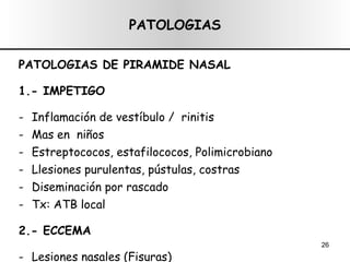 PATOLOGIAS PATOLOGIAS DE PIRAMIDE NASAL 1.- IMPETIGO Inflamación de vestíbulo /  rinitis Mas en  niños E streptococos, estafilococos, Polimicrobiano L lesiones purulentas, pústulas, costras D iseminación por rascado T x: ATB local 2.- ECCEMA Lesiones nasales (Fisuras) Tx. Dermatológico 
