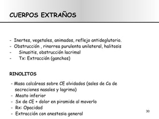 CUERPOS EXTRAÑOS -  Inertes, vegetales, animados, reflejo antideglutorio. -  Obstrucción , rinorrea purulenta unilateral, halitosis Sinusitis, obstrucción lacrimal Tx: Extracción (ganchos) RINOLITOS - Masa calcáreas sobre CE olvidados (sales de Ca de  secreciones nasales y lagrima) -  Meato inferior -  Sx de CE + dolor en piramide al moverlo -  Rx: Opacidad  -  Extracción con anestesia general 