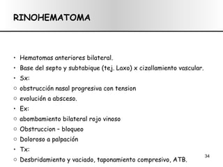 RINOHEMATOMA Hematomas anteriores bilateral. Base del septo y subtabique (tej. Laxo) x cizallamiento vascular. Sx: obstrucción nasal progresiva con tension evolución a absceso. Ex:  abombamiento bilateral rojo vinoso Obstruccion – bloqueo Doloroso a palpación Tx:  Desbridamiento y vaciado, taponamiento compresivo, ATB. 