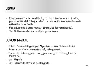 LEPRA -  Engrosamiento del vestíbulo, costras secreciones fétidas, perforación del tabique, destruc. de vestíbulo, anestesia de estructuras al tacto. -  Facie Leonina ( cicatrices, tuberculos lepromatosos). Tx: Sulfonamidas en medio especializado.  LUPUS NASAL -  Infec. Dermatologica por Mycobacterium Tuberculosis. -  Afecta vestíbulo, cornetes inf, tabique ant. -  Form. de nódulos_necrosan_granulac_cicatrices_Hundim. Piramide. -  Dx: Biopsia -  Tx: Tuberculostaticos prolongado. 