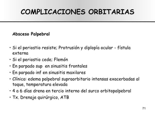 COMPLICACIONES ORBITARIAS Absceso Palpebral Si el periostio resiste; Protrusión y diplopía ocular - fístula externa Si el periostio cede; Flemón En parpado sup  en sinusitis frontales En parpado inf en sinusitis maxilares Clínica: edema palpebral supraorbitario intensas exacerbadas al toque, temperatura elevada 4 a 6 días drena en tercio interno del surco orbitopalpebral Tx. Drenaje quirúrgico, ATB 