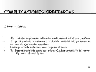 COMPLICACIONES ORBITARIAS d) Neuritis Óptica. Por vecindad en procesos inflamatorios de seno etmoidal post y esfeno. Sx: perdida rápida de visión unilateral, dolor periorbitario que aumenta con mov del ojo, escotoma central. Lesión principal es el edema que comprime el nervio. Tx: Descompresión de senos posteriores Qx, Descompresión del nervio  Óptico en el canal óptico. 