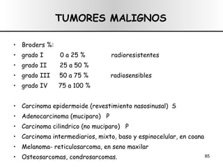 TUMORES MALIGNOS Broders %: grado I  0 a 25 %  radioresistentes grado II  25 a 50 % grado III  50 a 75 %  radiosensibles grado IV  75 a 100 % Carcinoma epidermoide (revestimiento nasosinusal)  S Adenocarcinoma (muciparo)  P Carcinoma cilindrico (no muciparo)  P Carcinoma intermediarios, mixto, baso y espinocelular, en coana Melanoma- reticulosarcoma, en seno maxilar Osteosarcomas, condrosarcomas. 