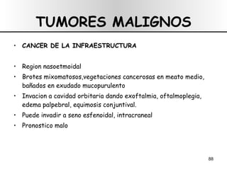 TUMORES MALIGNOS CANCER DE LA INFRAESTRUCTURA Region nasoetmoidal Brotes mixomatosos,vegetaciones cancerosas en meato medio, bañados en exudado mucopurulento Invacion a cavidad orbitaria dando exoftalmia, oftalmoplegia, edema palpebral, equimosis conjuntival. Puede invadir a seno esfenoidal, intracraneal Pronostico malo  