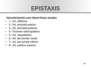 EPISTAXIS Vascularización cara lateral fosas nasales 1.- Art. oftálmica 2.- Art. etmoidal anterior 3.- Art. etmoidal posterior 4.- Foramen esfenopalatino 5.- Art. nasopalatina 6.- Art. del cornete medio 7.- Art. del cornete inferior 8.- Art. palatina superior 