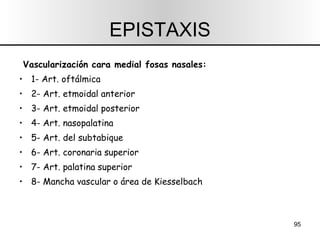 EPISTAXIS Vascularización cara medial fosas nasales: 1- Art. oftálmica 2- Art. etmoidal anterior 3- Art. etmoidal posterior 4- Art. nasopalatina 5- Art. del subtabique 6- Art. coronaria superior 7- Art. palatina superior 8- Mancha vascular o área de Kiesselbach 
