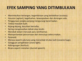 EFEK SAMPING YANG DITIMBULKAN
• Menimbulkan keriangan, kegembiraan yang berlebihan (ecstasy).
• Hasutan (agitasi), kegelisahan, kewaspadaan dan dorongan seks.
• Penggunaan jangka panjang mengurangi berat badan.
• Timbul masalah kulit.
• Kejang-kejang, kesulitan bernafas.
• Sering mengeluarkan dahak atau lendir.
• Merokok kokain merusak paru (emfisema).
• Memperlambat pencernaan dan menutupi selera makan.
• Paranoid.
• Merasa seperti ada kutu yang merambat di atas kulit (cocaine bugs).
• Gangguan penglihatan (snow light).
• Kebingungan (konfusi).
• Bicara seperti menelan (slurred speech).
 