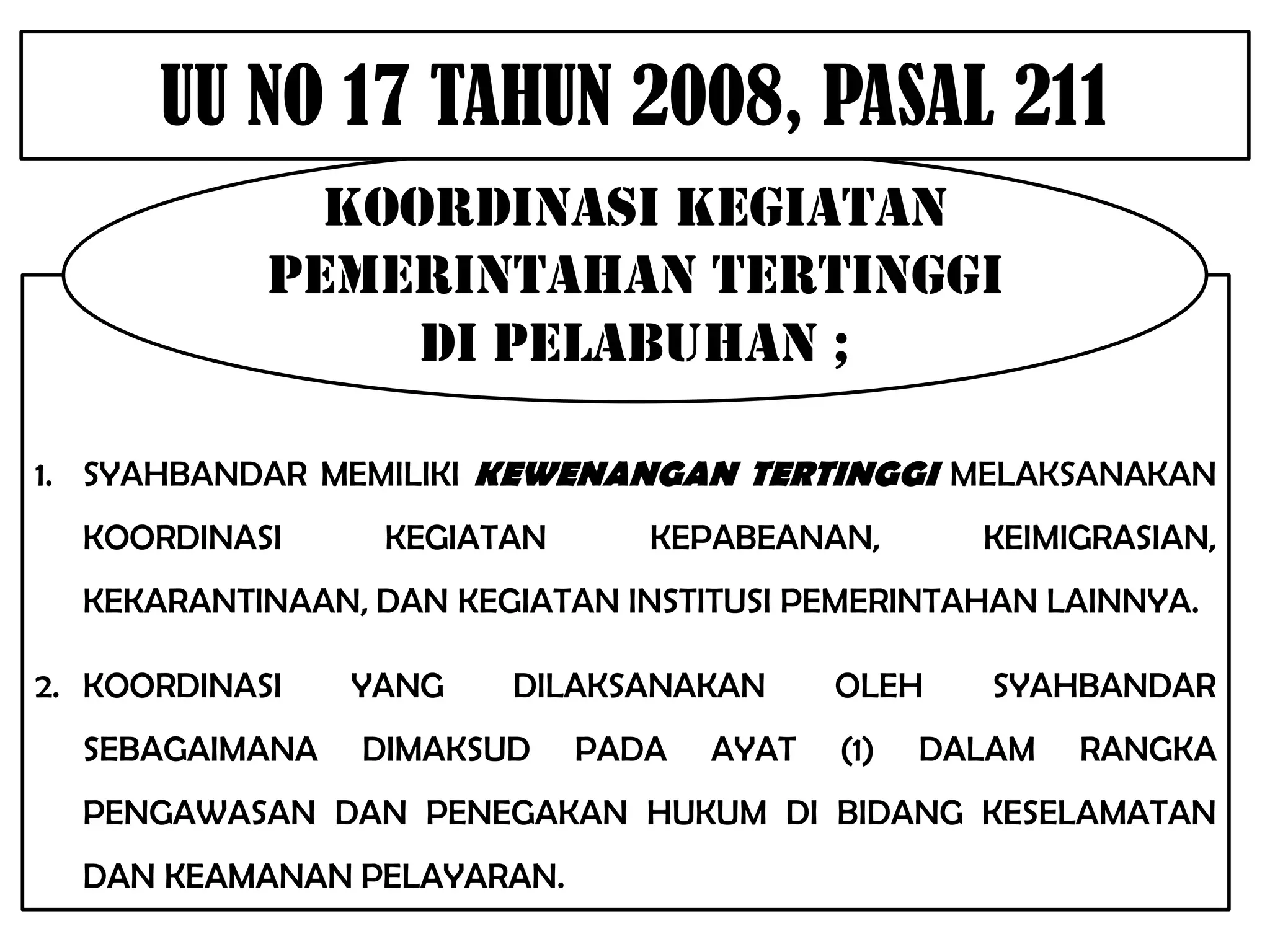 UU NO 17 TAHUN 2008, PASAL 211
              KOORDINASI KEGIATAN
            PEMERINTAHAN TERTINGGI
                 DI PELABUHAN ;

1. SYAHBANDAR MEMILIKI KEWENANGAN TERTINGGI MELAKSANAKAN
  KOORDINASI     KEGIATAN      KEPABEANAN,        KEIMIGRASIAN,
  KEKARANTINAAN, DAN KEGIATAN INSTITUSI PEMERINTAHAN LAINNYA.

2. KOORDINASI   YANG    DILAKSANAKAN      OLEH     SYAHBANDAR
  SEBAGAIMANA   DIMAKSUD    PADA   AYAT   (1)   DALAM   RANGKA
  PENGAWASAN DAN PENEGAKAN HUKUM DI BIDANG KESELAMATAN
  DAN KEAMANAN PELAYARAN.
 
