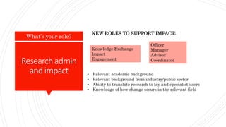 Researchadmin
andimpact
What’s your role?
NEW ROLES TO SUPPORT IMPACT:
Knowledge Exchange
Impact
Engagement
Officer
Manager
Advisor
Coordinator
• Relevant academic background
• Relevant background from industry/public sector
• Ability to translate research to lay and specialist users
• Knowledge of how change occurs in the relevant field
 