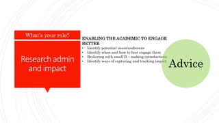 Researchadmin
andimpact
What’s your role?
ENABLING THE ACADEMIC TO ENGAGE
BETTER
• Identify potential users/audiences
• Identify when and how to best engage them
• Brokering with small B – making introductions
• Identify ways of capturing and tracking impact
Advice
 