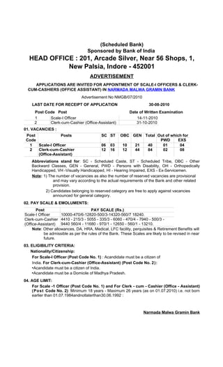NMGB- Narmada Malwa Gramin Bank
                                        (Scheduled Bank)
                                    Sponsored by Bank of India
   HEAD OFFICE : 201, Arcade Silver, Near 56 Shops, 1,
             New Palsia, Indore - 452001
                                     ADVERTISEMENT
     APPLICATIONS ARE INVITED FOR APPOINTMENT OF SCALE-I OFFICERS & CLERK-
  CUM-CASHIERS (OFFICE ASSISTANT) IN NARMADA MALWA GRAMIN BANK
                                Advertisement No NMGB/07/2010
    LAST DATE FOR RECEIPT OF APPLICATION                               30-08-2010
      Post Code Post                                        Date of Written Examination
      1      Scale-I Officer                                    14-11-2010
      2      Clerk-cum-Cashier (Office-Assistant)              31-10-2010
01. VACANCIES :
 Post             Posts                    SC ST      OBC GEN Total Out of which for
 Code                                                                PWD      EXS
  1   Scale-I Officer                      06    03    10  21  40     01       04
  2   Clerk-cum-Cashier                    12    16    12  44  84     02       08
      (Office-Assistant)
    Abbreviations stand for: SC - Scheduled Caste, ST - Scheduled Tribe, OBC - Other
    Backward Classes, GEN - General, PWD - Persons with Disability, OH - Orthopedically
    Handicapped, VH -Visually Handicapped, HI - Hearing Impaired, EXS - Ex-Servicemen.
    Note: 1) The number of vacancies as also the number of reserved vacancies are provisional
               and may vary according to the actual requirements of the Bank and other related
               provision.
           2) Candidates belonging to reserved category are free to apply against vacancies
               announced for general category.
02. PAY SCALE & EMOLUMENTS:
       Post                           PAY SCALE (Rs.)
Scale-I Officer      10000-470/6-12820-500/3-14320-560/7 18240.
Clerk-cum-Cashier 4410 - 215/3 - 5055 - 335/3 - 6060 - 470/4 - 7940 - 500/3 -
(Office-Assistant) 9440 560/4 - 11680 - 970/1 - 12650 - 560/1 - 13210.
     Note: Other allowances, DA, HRA, Medical, LFC facility, perquisites & Retirement Benefits will
           be admissible as per the rules of the Bank. These Scales are likely to be revised in near
           future.
03. ELIGIBILITY CRITERIA:
    Nationality/Citizenship:
     For Scale-I Officer (Post Code No. 1) : Acandidate must be a citizen of
     India. For Clerk-cum-Cashier (Office-Assistant) (Post Code No. 2):
     •Acandidate must be a citizen of India.
     •Acandidate must be a Domicile of Madhya Pradesh.
04. AGE LIMIT:
     For Scale -1 Officer (Post Code No. 1) and For Clerk - cum - Cashier (Office - Assistant)
     (Post Code No. 2): Minimum 18 years - Maximum 26 years (as on 01.07.2010) i.e. not born
     earlier than 01.07.1984andnotlaterthan30.06.1992 :



                                                                    Narmada Malwa Gramin Bank
 