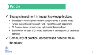 6
 Strategic investment in impact knowledge brokers
• Embedded in interdisciplinary research consortia aimed at societal impact
• Funded by own Special Research Fund + Part of Research Department
• Cf. Business liaison centres funded by Industrial Research Fund
• Evaluation on the basis of (1) impact trajectories or pathways and (2) case study
approach
 Community of practice: decentralised network, train-
the-trainer
 