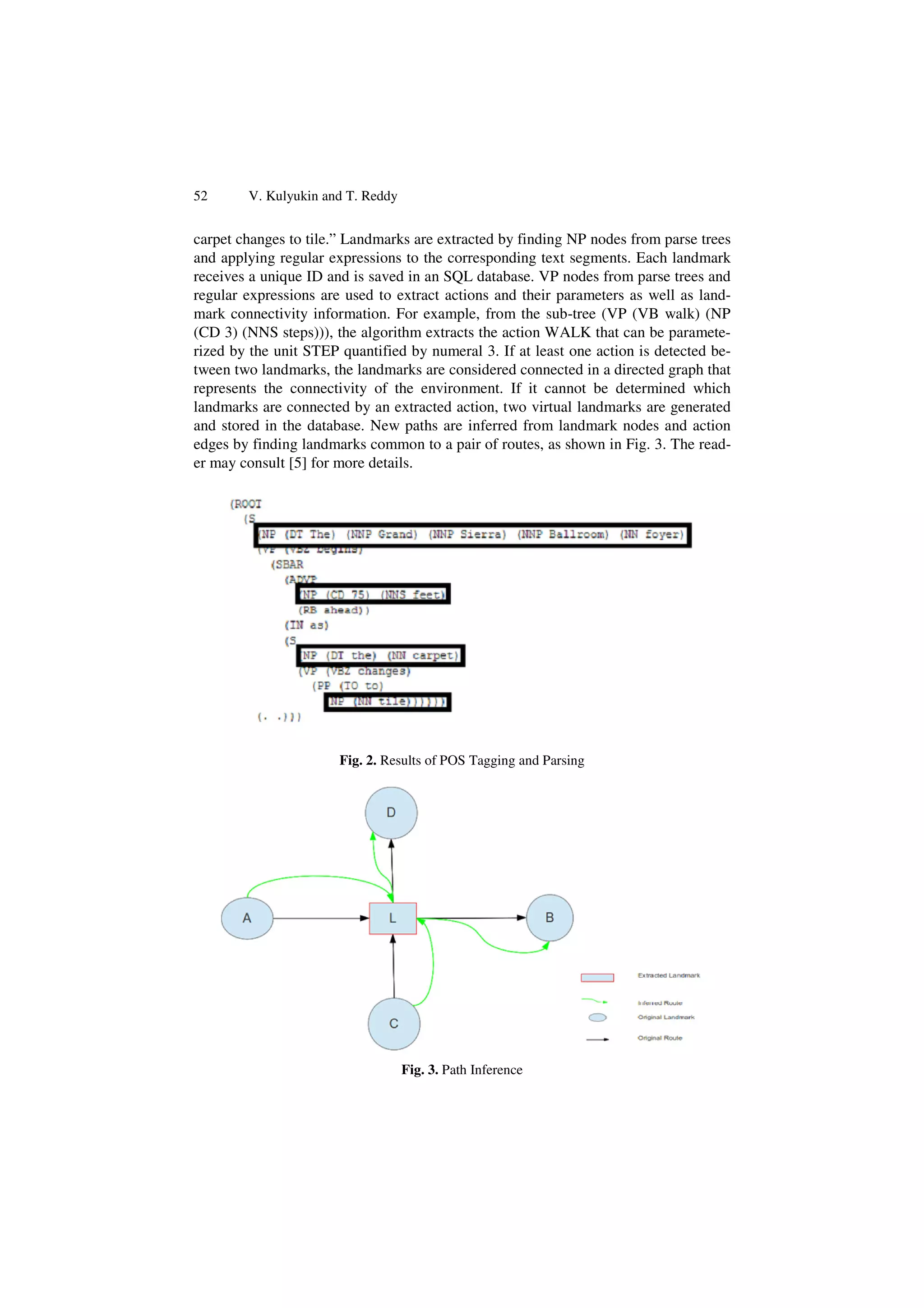 52 V. Kulyukin and T. Reddy
carpet changes to tile.” Landmarks are extracted by finding NP nodes from parse trees
and applying regular expressions to the corresponding text segments. Each landmark
receives a unique ID and is saved in an SQL database. VP nodes from parse trees and
regular expressions are used to extract actions and their parameters as well as land-
mark connectivity information. For example, from the sub-tree (VP (VB walk) (NP
(CD 3) (NNS steps))), the algorithm extracts the action WALK that can be paramete-
rized by the unit STEP quantified by numeral 3. If at least one action is detected be-
tween two landmarks, the landmarks are considered connected in a directed graph that
represents the connectivity of the environment. If it cannot be determined which
landmarks are connected by an extracted action, two virtual landmarks are generated
and stored in the database. New paths are inferred from landmark nodes and action
edges by finding landmarks common to a pair of routes, as shown in Fig. 3. The read-
er may consult [5] for more details.
Fig. 2. Results of POS Tagging and Parsing
Fig. 3. Path Inference
 