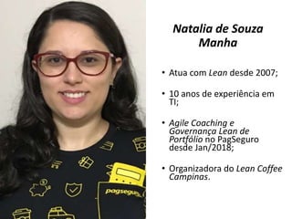 Natalia de Souza
Manha
• Atua com Lean desde 2007;
• 10 anos de experiência em
TI;
• Agile Coaching e
Governança Lean de
Portfólio no PagSeguro
desde Jan/2018;
• Organizadora do Lean Coffee
Campinas.
 