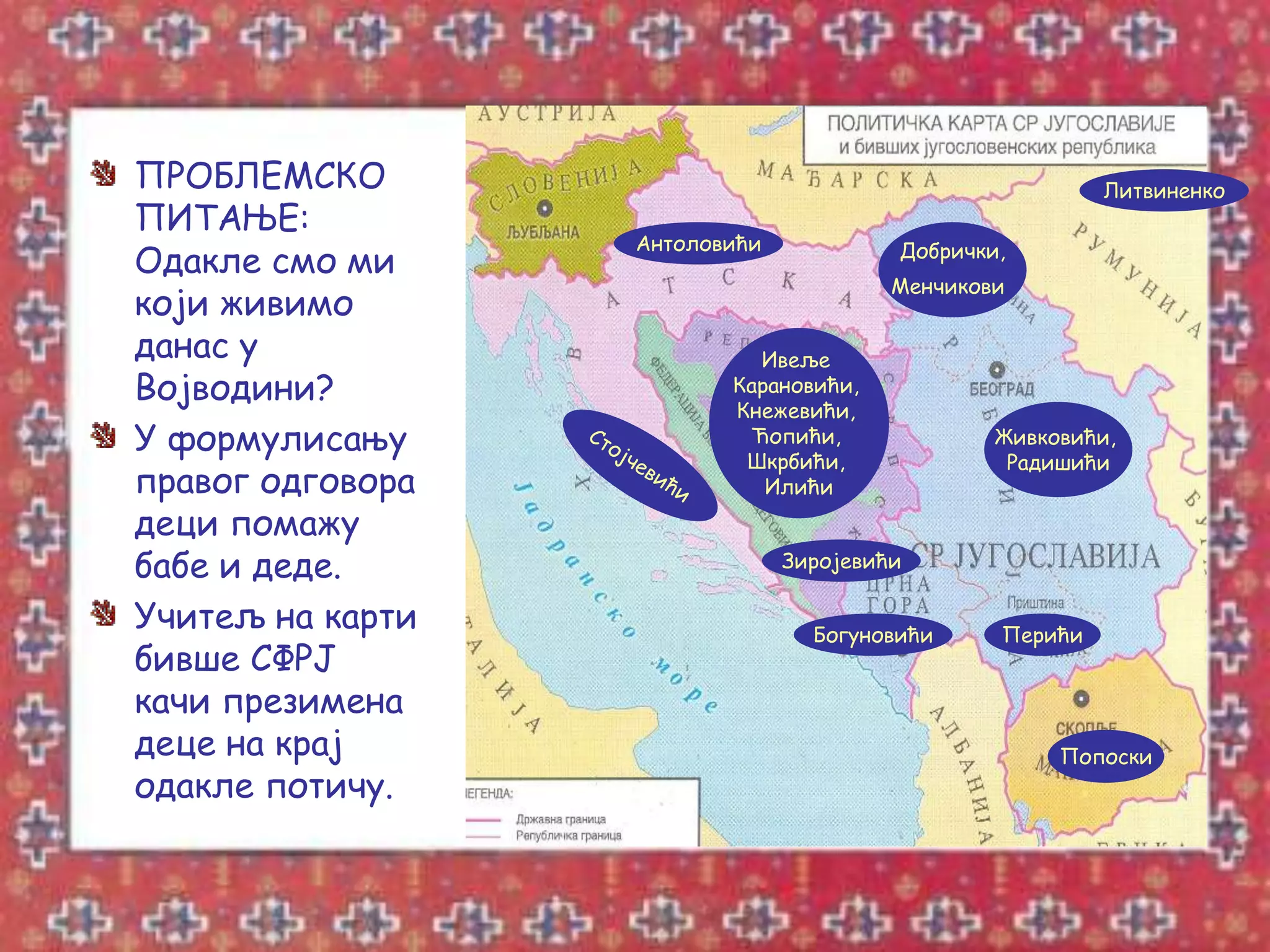 ПРОБЛЕМСКО                                               Литвиненко
ПИТАЊЕ:
                  Антоловићи
Одакле смо ми                           Добрички,
                                        Менчикови
који живимо
данас у                    Ивеље
Војводини?               Карановићи,
                         Кнежевићи,
У формулисању             Ћопићи,               Живковићи,
                          Шкрбићи,               Радишићи
правог одговора             Илићи
деци помажу
бабе и деде.                   Зиројевићи

Учитељ на карти                  Богуновићи     Перићи
бивше СФРЈ
качи презимена
деце на крај                                         Попоски
одакле потичу.
 